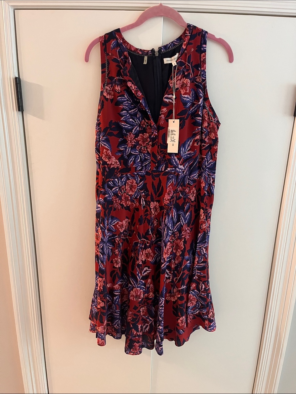 Rebecca Taylor Burgundy Floral Midi Dress with Blue and Pink Accents